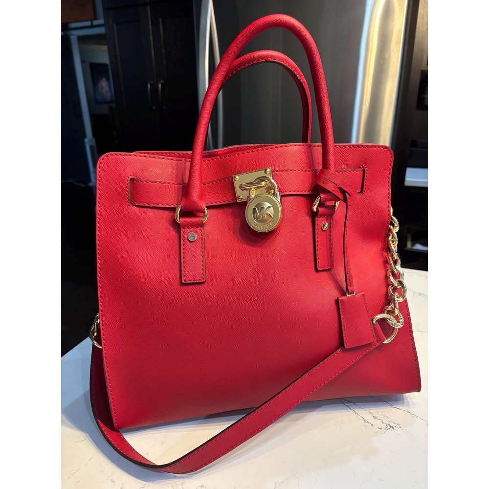 Michael Kors Hamilton Red Large Saffiano Tote Gold Lock